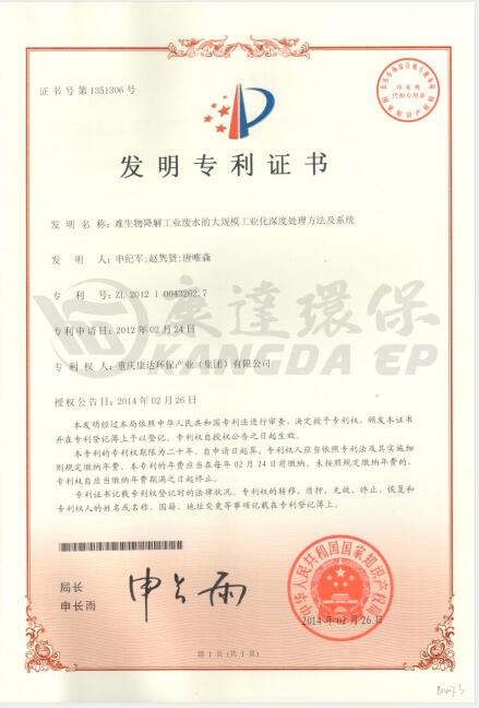 难生物降解工业废水的大规模工业化深度处置步骤及系统【ZL.2012 1 0043262.7】